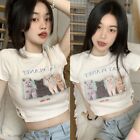 Sweet and Cute Cat Print Short Sleeve T Shirt for Women Slim White Crop Top