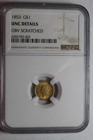 1853 $1 Gold Unc Details MS NGC Cover