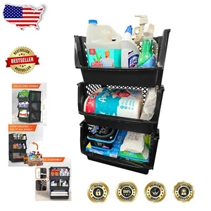 Space-Saving Black Plastic Storage Bins - 3-Pack for Food and Household Items - Picture 1 of 9