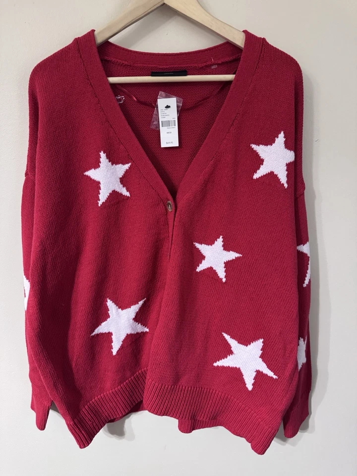 Lane Bryant Sweater Red Stars Patriotic V Neck Chunky Cardigan NWT 18/20 - Изображение 1 из 4