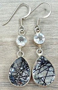 Vintage Sterling 925 Black Rutile Quartz Rutilated Long Dangle Drop Earrings 2'' - Picture 1 of 9