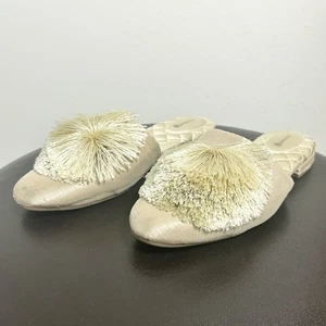 Birdies Champagne Pale Gold Dupioni Satin Pom Poms Songbird Slip On Mules 8.5 - Picture 1 of 11