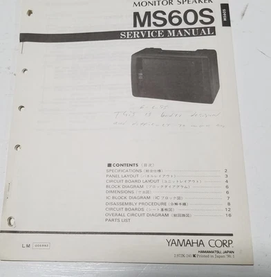 Altavoz monitor Yamaha MS60S vintage manual de servicio y lista de piezas Foto 1 de 4
