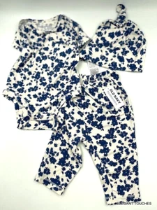 Old Navy Girl Baby 3-6 mos Blue One-Piece Pants Beanie Hat Set 3pc Floral Outfit - Picture 1 of 7