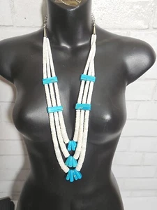 Vtg Rolled Turquoise Shell Heishi Necklace Santo Domingo Kewa Multi Strand Jacla - Picture 1 of 20