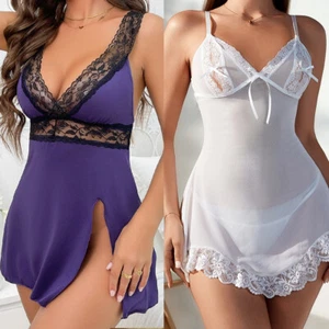 Sexy Lingerie for Women Naughty High Split Babydoll Lace Teddy Sleepwear Dress - Picture 1 of 23