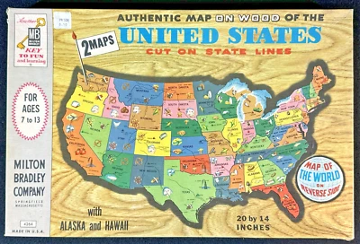 UNITED STATES Map ~ WORLD Map ~ Wood Puzzle ~ Milton Bradley ~ 1961 ~ Complete - Image 1 of 4