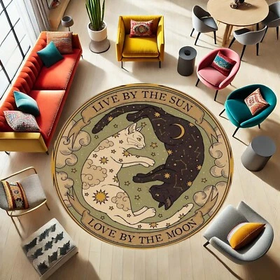 Yin Yang Cat Rug, Moon Sun Carpet, Round Cat Mat, Celestial Floor Rug - Image 1 of 4