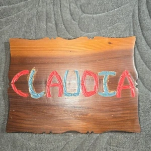 Wooden CLAUDIA sign painted red and blue Wall plaque 7.5" x 5.5" - Picture 1 of 8