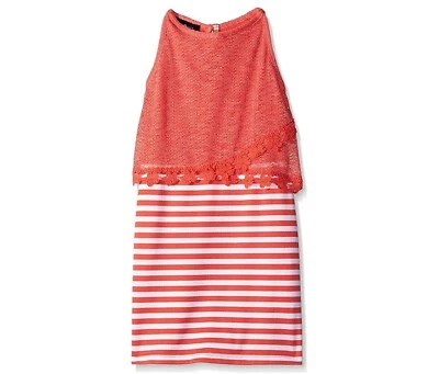 AMY BYE GIRLS CROCHET TRIM POPOVER DRESS, CORAL 8 — 第 1/4 张图片