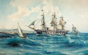 Vintage Home Artwork Wall Decor Sea Ship Classic Oil Painting Printed On Canvas - Picture 1 of 2