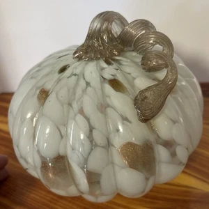 Vintage Art Glass Creme Gold Curly Stem Pumpkin Sparkle 5.5" Fall Decor Autumn - Picture 1 of 4