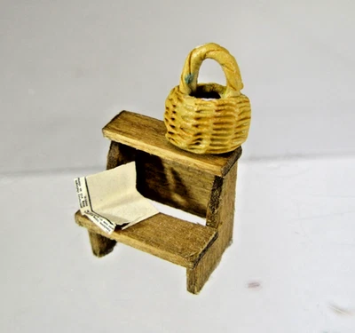 Dollhouse miniature OOAK artisan L Padilla clay BASKET 1:48 + artist made stool - Image 1 of 4