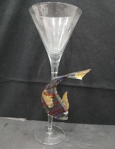 Murano Art Glass Italy Goblet With Colorful Fish Stem - Picture 1 of 8