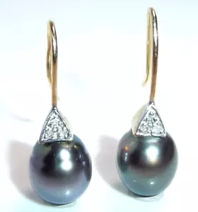 Ohrringe 585 Gold 0.06ct. Diamanten Tahiti-Perle Länge 24 mm 3,0 g - Picture 1 of 8