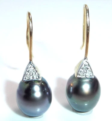 Ohrringe 585 Gold  0.06ct. Diamanten Tahiti-Perle Länge 24 mm 3,0 g Ohrhaken - Bild 1 von 4
