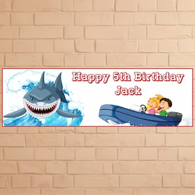 BLAZEBARGAIN 2x Personalised Shark Theme Birthday Banners | Kids & Adults Party Decoration