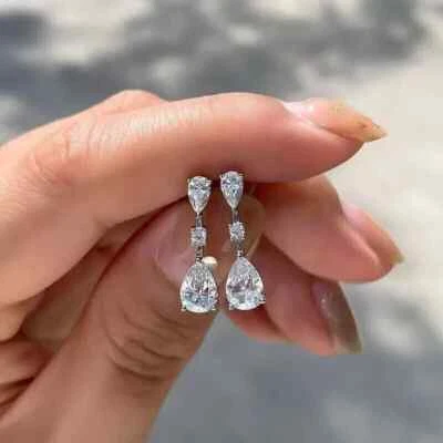3.00 CT Pear Cut Moissanite Drop & Dangle Women's Earrings 14K White Gold Plated - Image 1 of 4