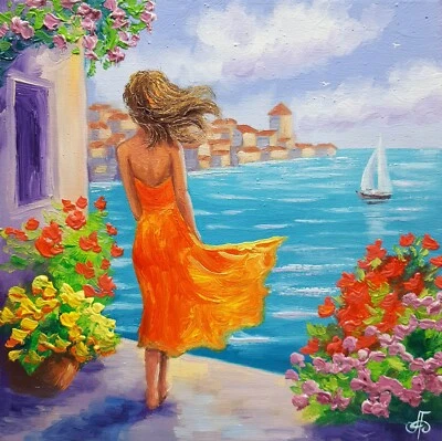 Woman Seaside Hand Painted Original Artwork Decor Gift Wall Art Ukrainian Artist - Image 1 of 4