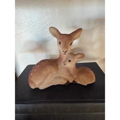 Vintage Flocked Fawn & Doe Deer Figurine Rustic Country Decor - Image 1 of 4