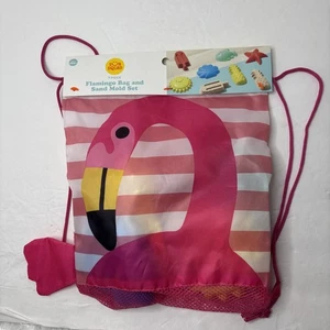 Sun Squad Flamingo Beach Bag 7 Piece Sand Mold Set Kids Drawstring Backpack - Picture 1 of 6
