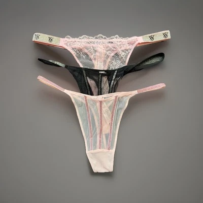 Lote 3 Victoria’s Secret Muy Sexy M Malla Transparente Brillo Tanga Tanga Panty Pack Foto 1 de 4