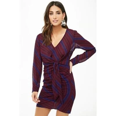 FOREVER 21 Striped Twist Tie-Front Burgundy Dress Size XS V-Neck - Image 1 of 4