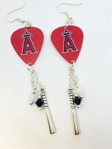 MLB California Angels Guitar Pick Earrings with Swarovski and Charm Dangles - Picture 1 of 3