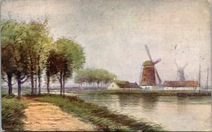 Postal de la escena en Holanda molinos de viento cerca del río - Imagen 1 de 2