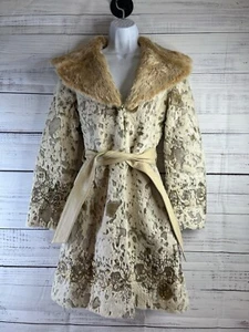 VINTAGE BEBE CONIGLIO PELLICCIA COLLO GIACCA PELLE PICCOLO Y2K CAPPOTTO CINTURA PAILLETTES RARO - Foto 1 di 17