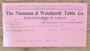 1904 Billhead Chicago Illinois Niemann & Weinhardt Table Co Marengo IL - Picture 1 of 1