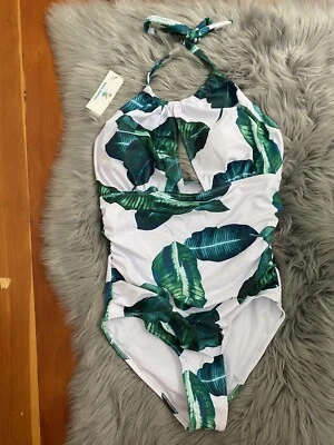 BEACHSISSI Palmblattdruck ausgeschnittene Brust Badeanzug botanisch Blumen Krawatte M neu mit Etikett - Bild 1 von 4