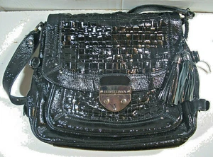 "ELLIOTT LUCCA" WOMEN'S WOVEN LEATHER HANDBAG w TASSELS COLOR:BLACK USED - Picture 1 of 9