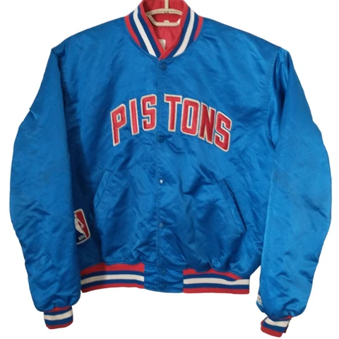 Vintage 90s Starter Jacket Detroit Pistons XL Satin Bomber Blue Bad Boys Quilted Cover
