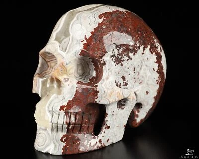 Calavera de cristal tallada a mano de ágata de encaje loco rojo de 3,9", realista Foto 1 de 4