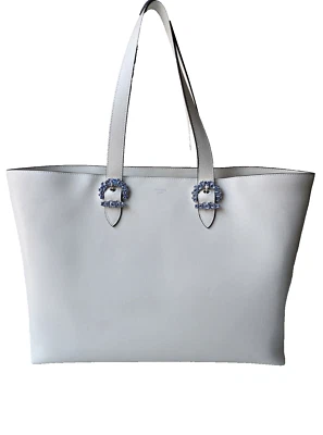 JIMMY CHOO CHERI Tote White Milk Calfskin Leather Blue Crystal Buckles Bag 1.8K - Image 1 of 4