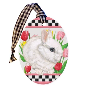 Bunny Dwarf White Rabbit Floral Ceramic Oval Shaped Ornament Double-Sided - Picture 1 of 2