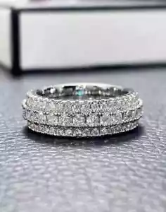 3.00 Ct Natural Moissanite Full Eternity Wedding Band Ring 14K White Gold Plated - Picture 1 of 4