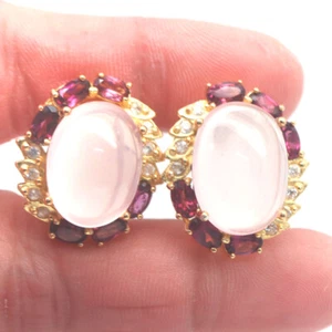 Gemstone Pink Rose Quartz, Rhodolite Garnet, & Zircon Earrings 925 Silver - Picture 1 of 4