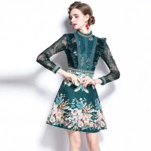 Damen Blumenmuster Kleid Perlen Pailletten Rüschen Netz A-Linie Lang Arm Elegant - Picture 1 of 8