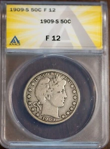 1909-S 50c Barber Half-dollar F-12 ANACS # 7472034 New Holder + Bonus - Picture 1 of 2