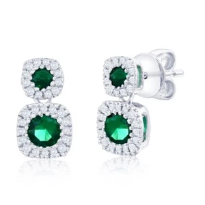 Silver Lab-Grown 0.38ct Emerald & 0.12ct Natural Diamond Earrings - Picture 1 of 1