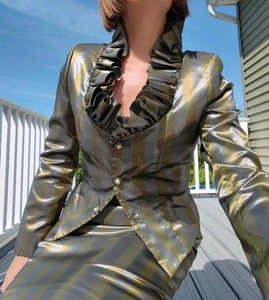 NWT Metallic Olive Silk Taffeta Evening Suit Sz S Set Jacket Skirt Houte Coutur - Picture 1 of 23
