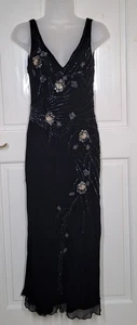 Vintage Goya Ladies  Evening Cocktail Beaded Black Prom Long Silk Dress UK 12 - Picture 1 of 15