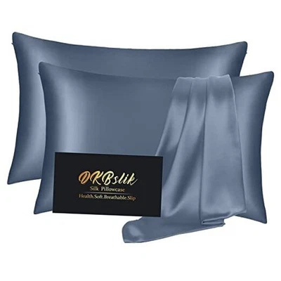 Paquete de 2 fundas de almohada de seda, seda morera estándar - 20 x 26 pulgadas azul ceniza - 2 piezas Foto 1 de 4