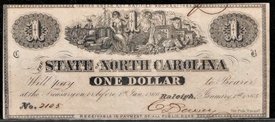 Jan 1, 1863 Raleigh NC North Carolina $1 Dollar Note Obsolete Banknote UNC - Image 1 of 2