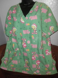 Ladies Lime Green Scrubs Top, Holiday Xmas Tweety Bird, L - Picture 1 of 1