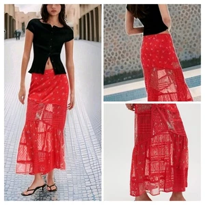 Free People Daniella Medium Skirt Lace Floral Maxi Poppy Red Side Zip NWOT $128 - Picture 1 of 6