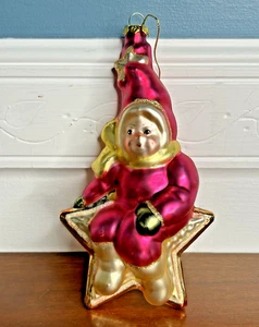 Vtg Mecury Glass Hand Blown Baby on a Star Christmas Ornament Child Red & Gold - Picture 1 of 7