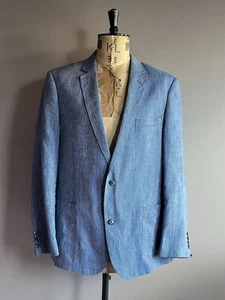 Austin Reed Blazer Mens Size 46R Blue 100% Linen Striped Tailored Jacket - Picture 1 of 11